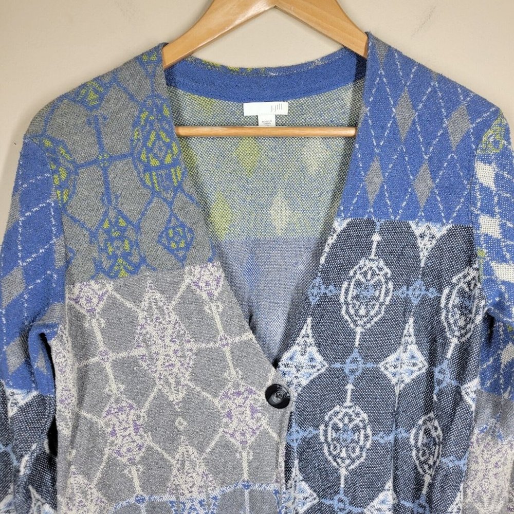 J. Jill Patchwork Mixed Pattern Blue Knit Cardgia… - image 2